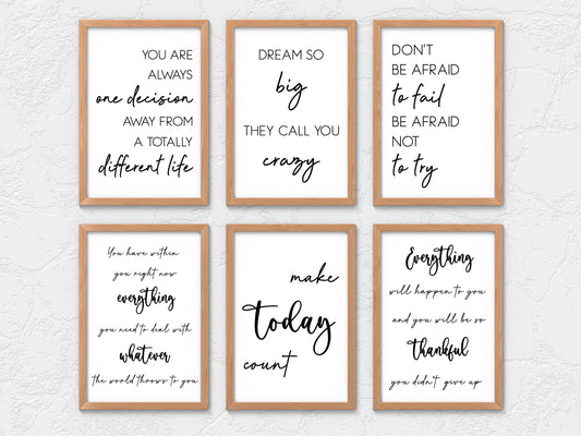 Motivational -Make today count, Dream Big - Quote Wall Art Bundle (Set of 6) – Minimalist Printable Decor